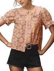 [Livtany] Women's Peter Pan Collar Neck Lace Trim Blouse Puffed Short Sleeves Tee Shirt Button Front Eyelet Tops with Pocket