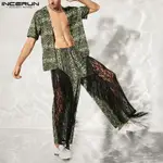 INCERUN 時尚男士哥特式蛇形透視蕾絲短袖開衫 + 闊腿褲休閒服 2PCS 套裝