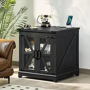 [Joaxswe] End Table with Charging Station, 24" Farmhouse Side Table with Glass Barn Door, Nightstand with Adjustable Storage Shelf, Wood Square Bed side Table for Living Room,Bedroom,Office - Black