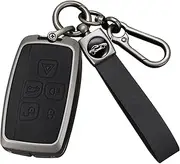 HIBEYO Key Fob Cover Compatible with Discovery 4 Range Rover LR4 Sport Evoque Freelander 2 Jaguar XE XF XJ F-Pace F-Type Key Case Leather& Zinc Alloy Accessories-Long Keychain Black