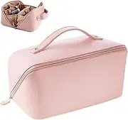 [S.F.Pachira] Large Capacity Cosmetic Bag, Portable Travel Makeup Bag, Makeup Organiser Toiletry Bag, Waterproof PU Leather Wash Bag with Handle and Compartments for Women Girls (Pink), Pink, One Size, Large