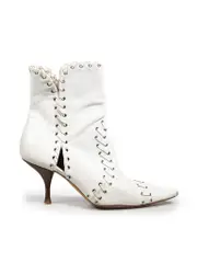 White Leather Braided Heeled Boots