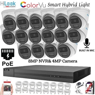 HIKVISION COLORVU CCTV SYSTEM KIT 4MP CAMERA IP POE 4k NVR SMART HYBRID LIGHT UK
