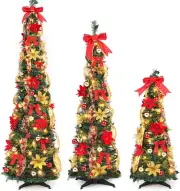 3 Pcs 3, 4, 5Ft Pre Lit Pop up Christmas Tree with Lights Pre Decorated Pencil C