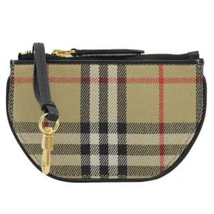 【BURBERRY 巴寶莉】英系經典格紋帆布鑰匙圈吊飾零錢包(卡其)