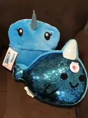 JUSTICE BLANKET NARWHAL COZY WRAP SO SOFT& FLIP SEQUINS PILLOW SHIMMERING CUTE!