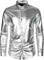 Men Shiny Silver Metallic Disco Shiny Shirts 70'S Party Halloween Shirts Men's Solid Stage Dress Shirts