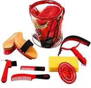 9 Pieces Horse Grooming Kit Tack Room Supplies Set with Organizer Tote Bag, Oval Massage Curry, Hard and Soft Brush, Hoof Pick, Sweat Scraper, Bathing Sponge, Combs for Horse Riders Beginners (Red)