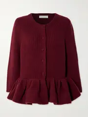 [LIBEROWE] LIBEROWE - Ruffled Cashmere Peplum Cardigan - Burgundy - large large Burgundy