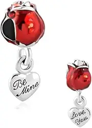 [Chili Jewelry] Be Mine Red Rose Heart Love You Charm for Wife Girlfriend Compatible with Pandora Bracelets