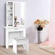 Artiss Dressing Table Mirror Slidable Makeup Space with Stool Wooden Vanity Desk Chair, Home Bedroom Furniture White Girls Kids Women Organisers, Legs Floor Standing