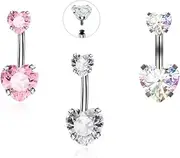 [ZENRUIMING] 3 stainless steel zircon double headed rhinestone studded navel studs, women's heart-shaped Belly Rings barbell navel ring perforated jewelry, One size, Silver, Pink, Colored, rhinestone