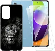 Dark Lion Pattern Case Compatible with Samsung Galaxy A52 5G + [2 Pack] Screen Protector Tempered Glass, Shockproof Case Cover for Samsung Galaxy A52 4G (6.5 inch)