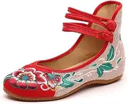 [Gikleihwy] Chinese Traditional Floral Embroidered Shoes for Women Ethnic Style Round Toe Ankle Strap Canvas Sandals Handmade Mary Jane Flat Dress Loafers(Red,7.5 US)
