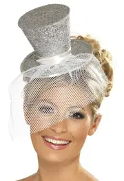 Silver Fever Mini Top Hat on headband Ladies Mini Glitter Top Hat