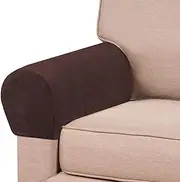 2 Pcs Real Velevt Stretch Armrest Covers Anti-Slip Furniture Protector Soft Velvet Armchair Armrest Cover Slipcovers for Sofa, Brown