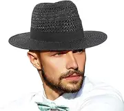 [Ruphedy] Straw Fedora Sun Hat for Men Women Wide Brim Panama Beach Hats UPF 50+