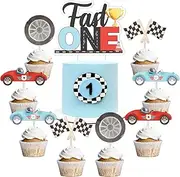 Funmemoir Fast One 1st Birthday Party Decorations - 25pcs Race Car 1st Birthday Cake & Cupcake Toppers, Vintage Fast One Retro Race Car Let's Go Racing Party