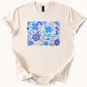 Blue Wildflower Graphic Shirt Hand Drawn Floral Art Tee Nature Gift