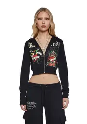 [Dolls Kill] Rose Skull Crop Zip Hoodie (Brooklyn)