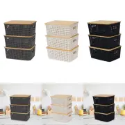 3x Storage Bins with Bamboo Lids Organizer Basket Portable Shelf Basket with