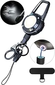 LIUGX LED Magnetic Retractable Keychain Flashlight 250 Lumens，USB-C Rechargeable, with Phone Tether Tabs, Retractable Badge Reel with 20”Dyneema Cord, 35oz, Ideal Keychain for Phone, Key, Badge Holder
