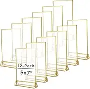 TonGass (12-Pack 5x7 Standard Double-Sided Acrylic Wedding Table Numbers Picture Frames, Clear Sign Holders with 3mm Gold Border & Vertical Stand