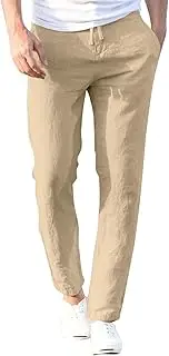 Mens Linen Pants Drawstring Elastic Waist Flat Front Dress Pants Summer Casual Lightweight Beach Holiday