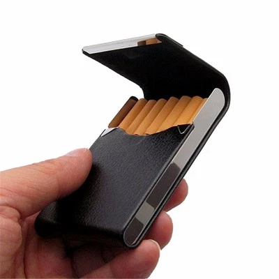 Stainless steel + Faux Leather Cigarette Case Holder Pocket Box