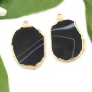 Natural Black Agate Slice Gold Electroplated Connectors Pair Making Earrings Her