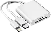 SD/TF Card Reader for iPhone iPad Camera, Dual Card Slot Memory Card Reader Lightning/Type-C to SD/TF Carder Adapter