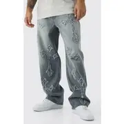 Mens Light Grey Baggy Rigid Washed Grey Cross Applique Jeans