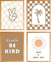 BearCake Trendy Retro Boho Neutral Nursery Wall Art Set of 4, Summer Palm Tree Sunshine Peace Sign Nursery Checkered Wall Decor Poster Prints for Girls Boys Kids Room Playroom, 8x10 Inches