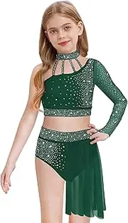 [Loodgao] Girls Jazz Modern Dance Dress Rhinestone Crop Tops with Irregular Mesh Skirts Figure Skating Costumes