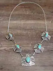 Native American Nickel Silver & Turquoise Bird Link Necklace by Cleveland