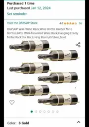 Gold Wine Racks Wall Mounted. Wine Bottle Holder for 6 Bottles. Hanging Freely