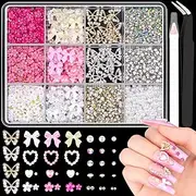 3D Nail Charms，Nail Art Rhinestones Kit and Gems Set， for Crafts Y2K Nail Decor Face Art Clothes Shoes Bag DIY/with Storage Organizer Box, Pick Up Tweezer and Rhinestones Picking Pen