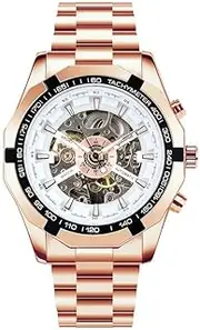 [Generic] Men's Automatic Skeleton Watch - 45mm Gold/Black/Rose Gold Plated, Luminous Hands, Stainless Steel Band, Exhibition Case Back (Sports Style)