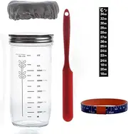 LKLKO Sourdough Starter Jar Kit Glass Jar with Wooden Lid, Sewn Cloth Cover, Date Marked Feeding Band, Thermometer Sourdough Jar for Sourdough Bread Baking Supplies(Two Sets Combination)