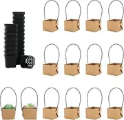[LUCKJUJU] 20 Set 2 Inch Tiny Succulent Pot and Kraft Paper Bag, Square Plastic Pots with Drainage Hole, Waterproof Kraft Wraps for Succulent Plants Decoration (Bag & Pot Set, Small - 2")
