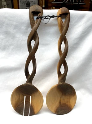 Teak Wood Salad Serving Set Fork & Spoon Hand Carved Twisted Handles 12” Kenya