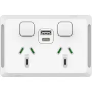 Clipsal Pro Series, switched socket, 2 switch & 2 socket, USB, horiz, 10 A, White - P3025USBAC-XW