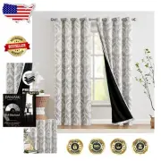 Soft Fabric Blackout Drapes - 84” Grey Damask Grommet Window Treatment Set