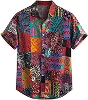 [Generic] Men's Short - Sleeve Button - Down Shirt ，Exquisite Patchwork Pattern for a Bohemian - Style Vibe