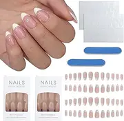 48 Pcs French Tip Press On False Nails with 48 Pcs Tape & 2 Pcs Rubbing Strip, Acrylic Medium Almond Full Cover False Nails, White Nail Tips Artificial Finger Manicure Decorations for Women Girls (WH, 48 PCS)