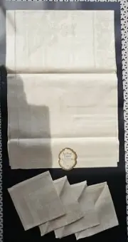 Vintage CZECHOSLOVAKIA Linen Floral Square Tablecloth & 4 Napkins Hemstitch