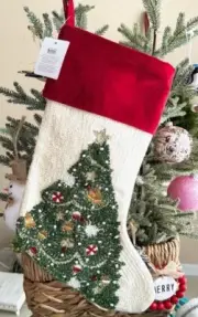 POTTERY BARN Holiday Icons Crewel Ivory Christmas Tree Stocking New with Tags