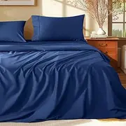 Shilucheng 100% Egyptian Cotton Queen Size Sheets Set - 1000 Thread Count，Luxury Cotton Bed Sheets，Breathable & Cooling Bedding and Pillow Cases, 16 Inch Deep Pocket - 4 Piece (Navy Blue, Queen)