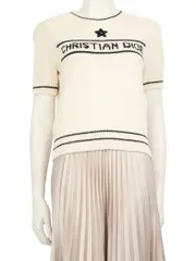 Ecru Wool Logo Short Sleeve Knit Top