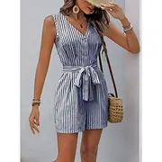 Women's Normal Romper Active Striped Sleeveless V Neck Pocket Vacation Daily Regular Fit Navy Blue Green Khaki Summer